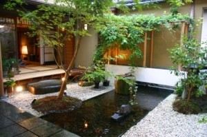 Un jardin d'intérieur équipé d'un petit bassin